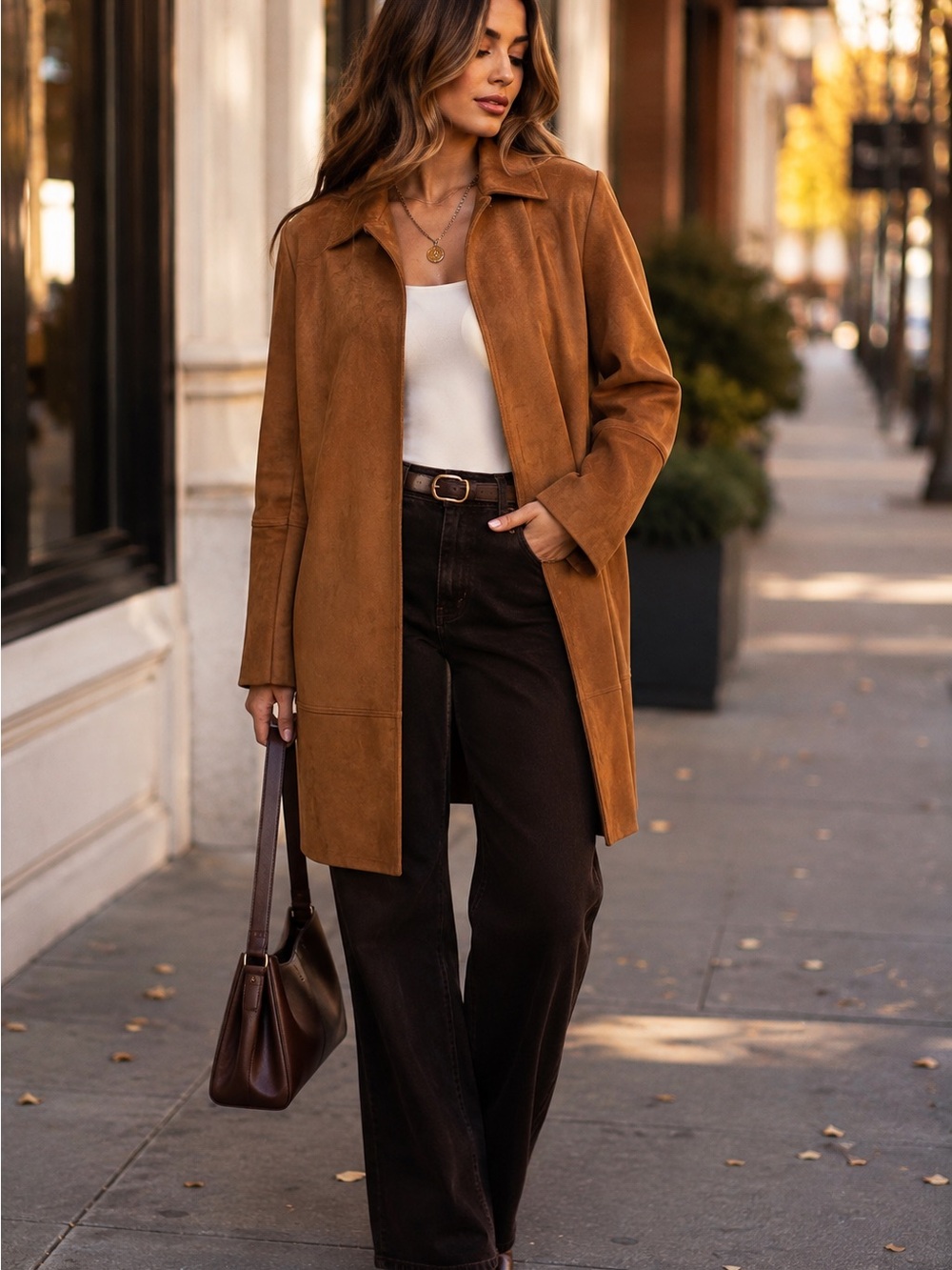 🤎 Worthington Camel Faux Suede Open Front Duster Coat